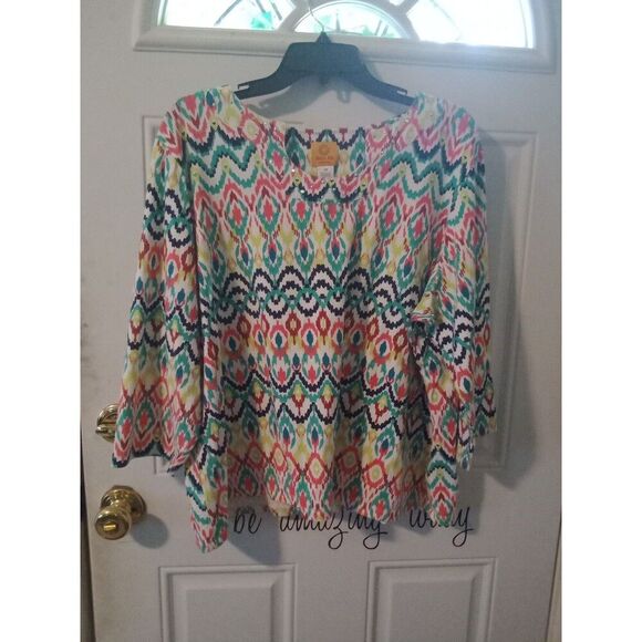 Ruby Rd 2X Top Silver Studded Neckline 3/4 sleeves Aztec Design Multi Colored - Picture 2 of 7